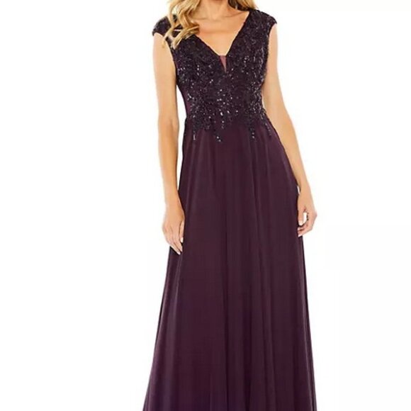 Mac Duggal Aubergine Purple Sequin Empire Waist Pleated Gown